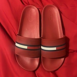 Vintage Tommy Hilfiger Slides, partially stained and used.